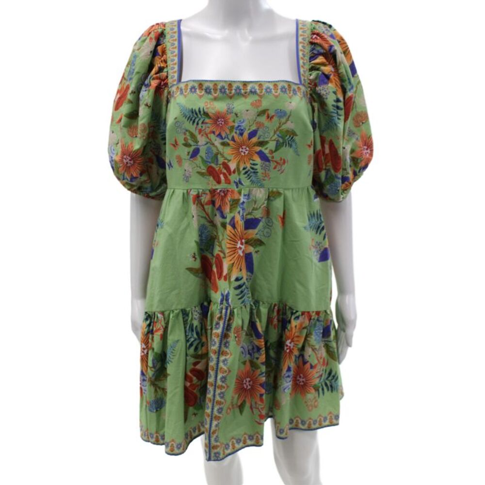 Farm Rio Womens Green Cotton Mini Square Neck Short Sleeve Dress Size L